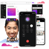 apps product montage with extra padding montage of Vonage Business Communications products: smartphone with Vongae meetings on hold, smartphone with screenshot of Vonage Meetings GSuite integration, screenshot of Vonage app center, screnshot of video meeting with one woman on screen and 3 participants