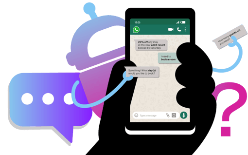 Graphic showing a Chatbot building a chat conversation on a mobile phone