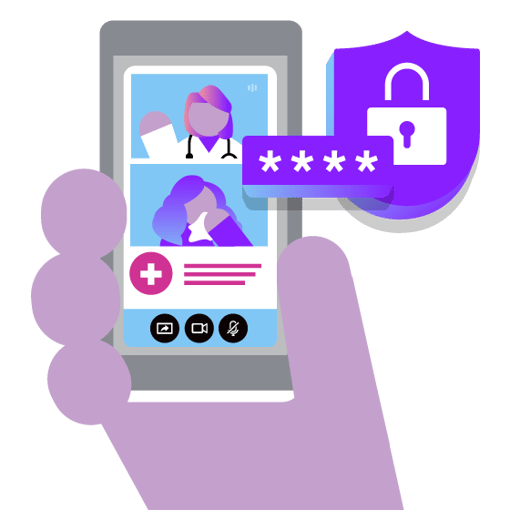 Illustration of a hand holding a cell phone. On the screen we see a doctor-patient telehealth session in progress. Beside the phone is a lock icon representing security and privacy.