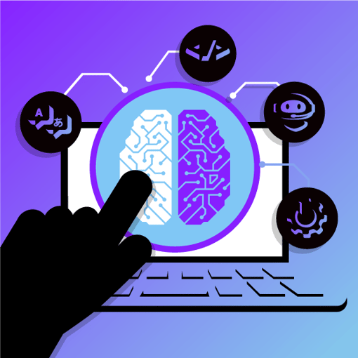 Natural Language AI hero image Image of a hand with the index finger pointing to an AI graphic on a laptop screen with symbols for different communication channels branching out from the AI source: from left to right, an image of a text message, a snippet of code, a robot with a microphone, and a cog