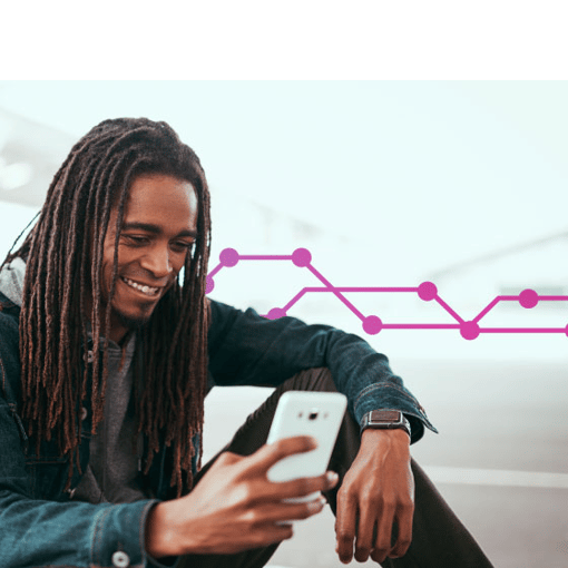 Illustration of a smiling man looking at the cell phone he is holding his in his hand. He is sitting down in a non-specific location, and the background is blurred. Behind the man, a series of purple connected lines and dots runs across the frame.