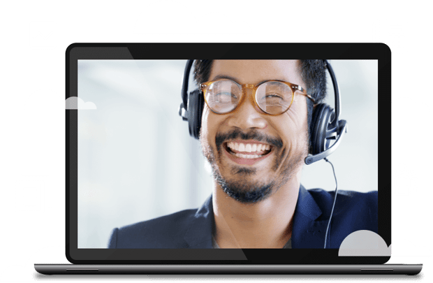 Laptop image with a still frame of a contact center agent helping a customer