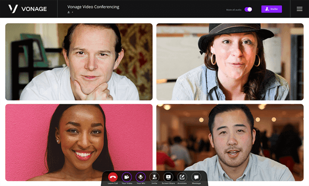 Call controls Vonage video conferencing interface with other people on screen