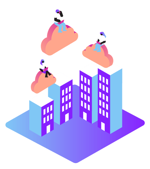 Illustration of people sitting on clouds and using laptops while floating over buildings