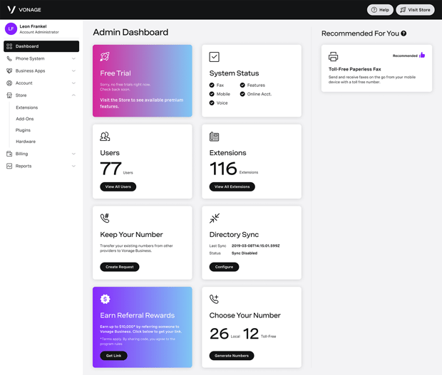 Dashboard Screen capture of Vonage Business app