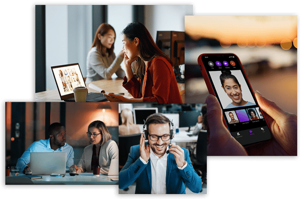 collage of photos showing woan on laptop working, person doing video call on mobile device, mand and woman looking at a laptop, and a contact center agent smiling and talking into his headset collage of photos showing woan on laptop working, person doing video call on mobile device, mand and woman looking at a laptop, and a contact center agent smiling and talking into his headset