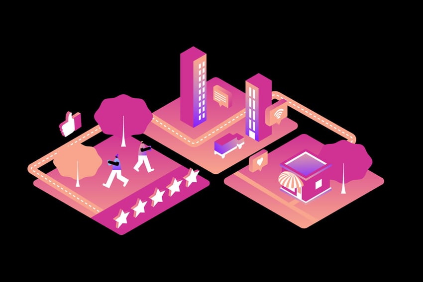 Illustration of three different squares with smartphone users in a park a business building and a small business