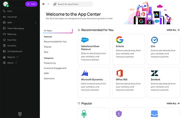 Screen grab of Unified Communications App Center showing possible integrations and connections.